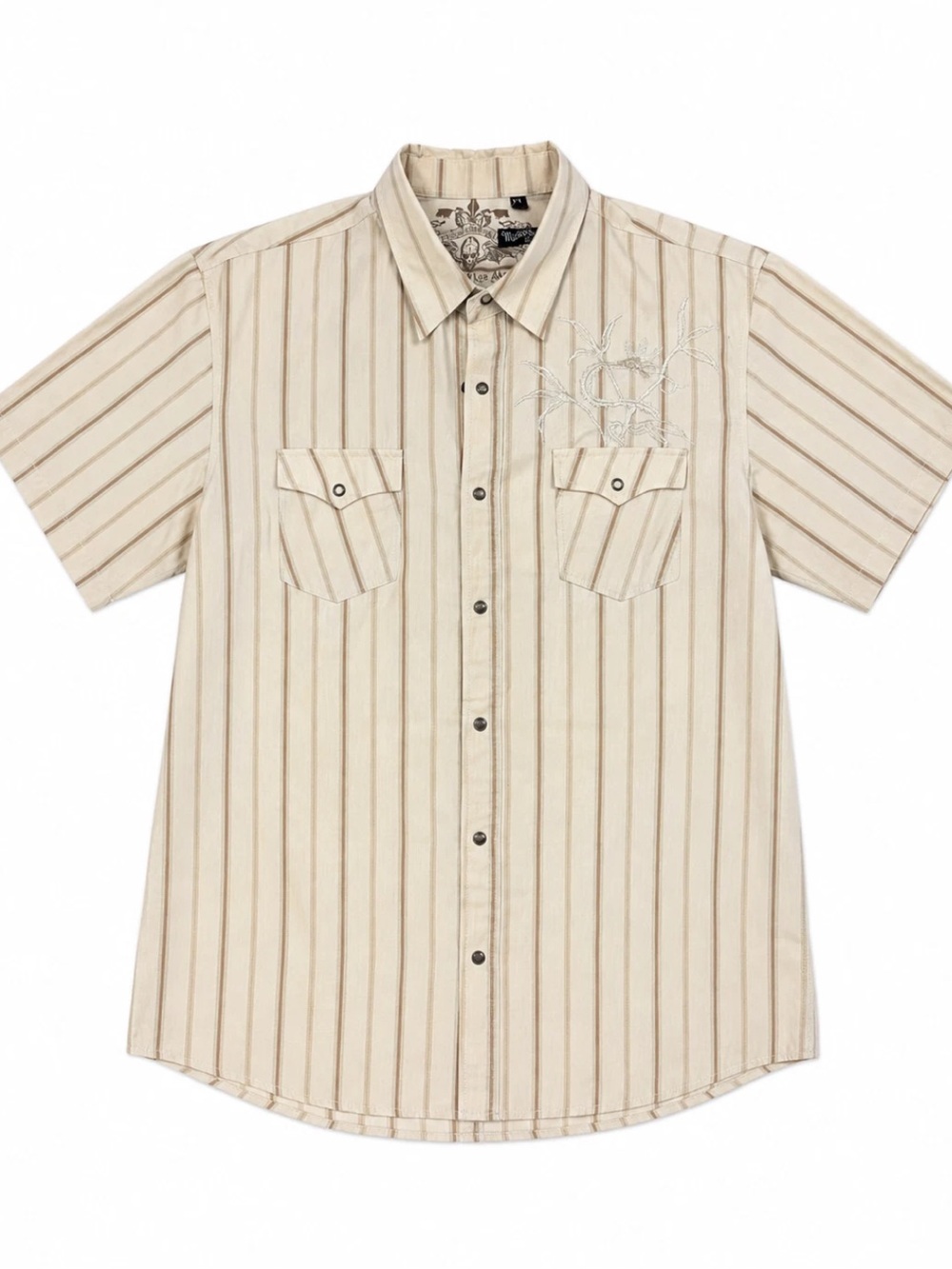 Micros Men’s XL Beige Striped Embroidered Short Sleeve Snap Button Western Shirt